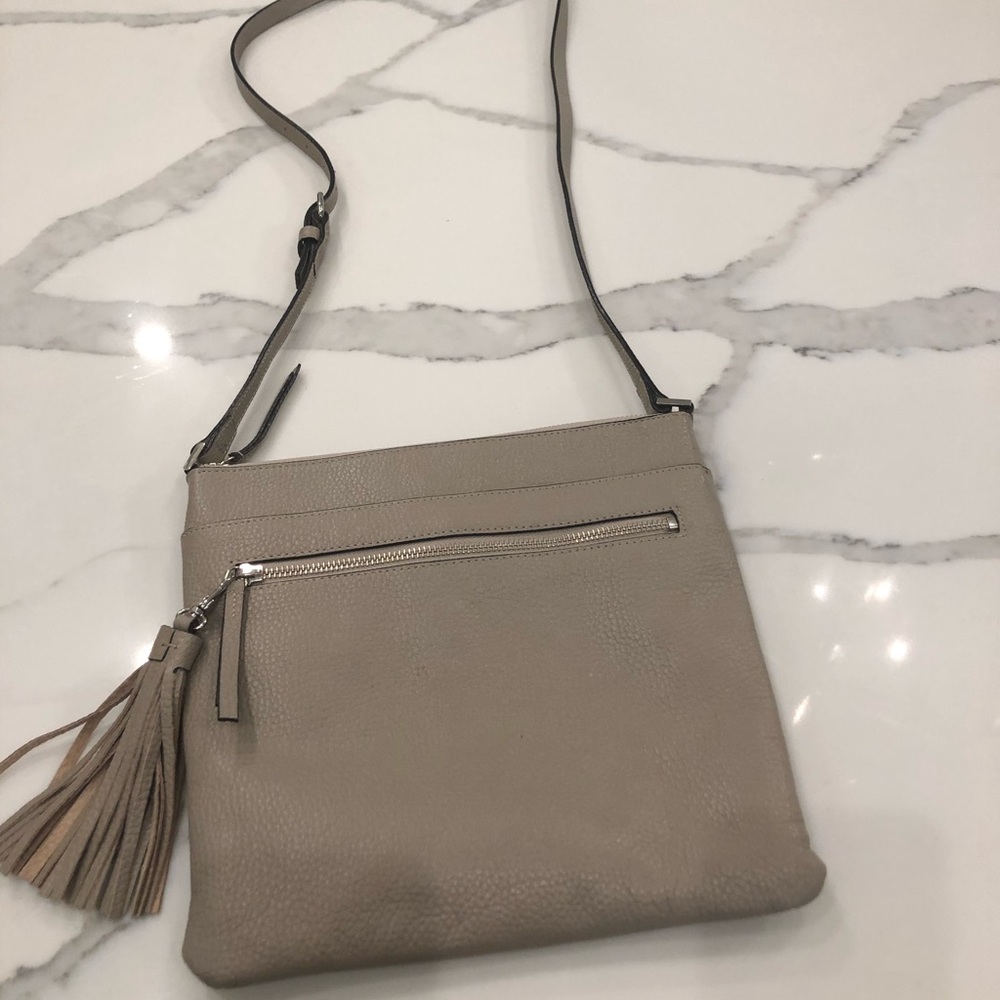 Halogen tasseled leather crossbody bag tan greige